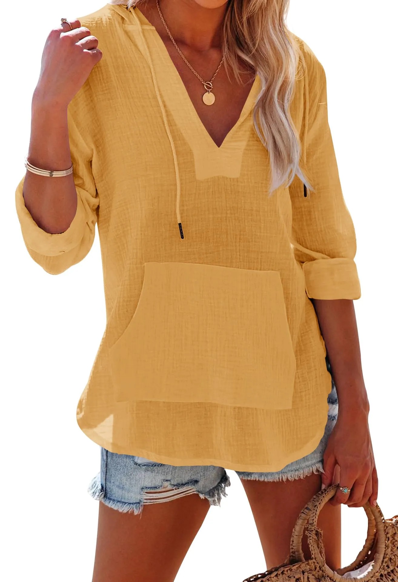 Women's Long Sleeve V Neck Pocketed Hooded Shirt Top