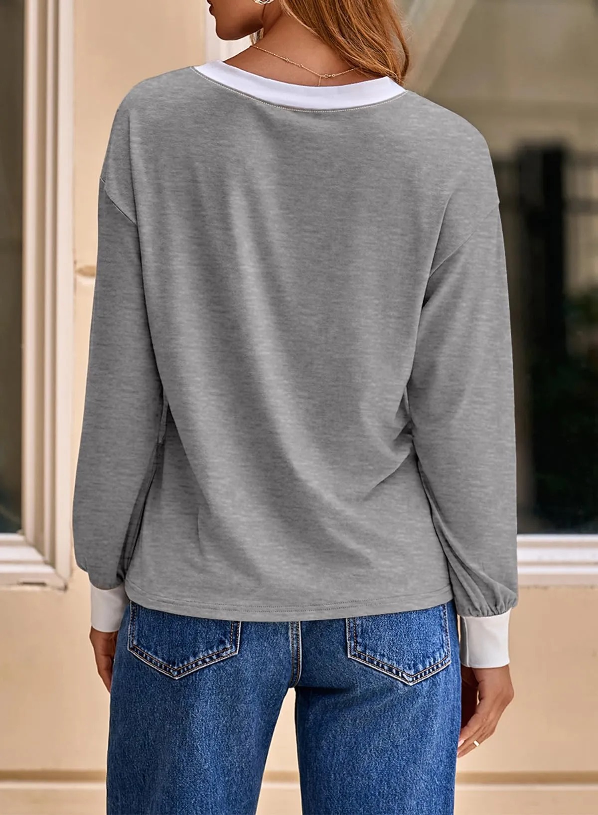 HOT SALE Women's Long Sleeve Casual Soft V Neck Oversized T Shirts