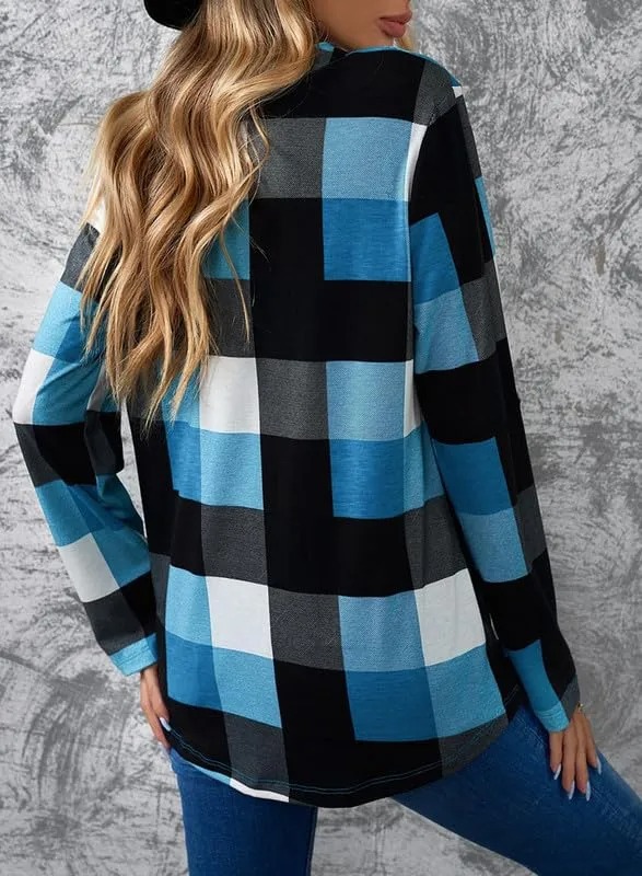 HOT SALE Women's V Neck Plaid Print Cuffed Long Sleeve Shirt