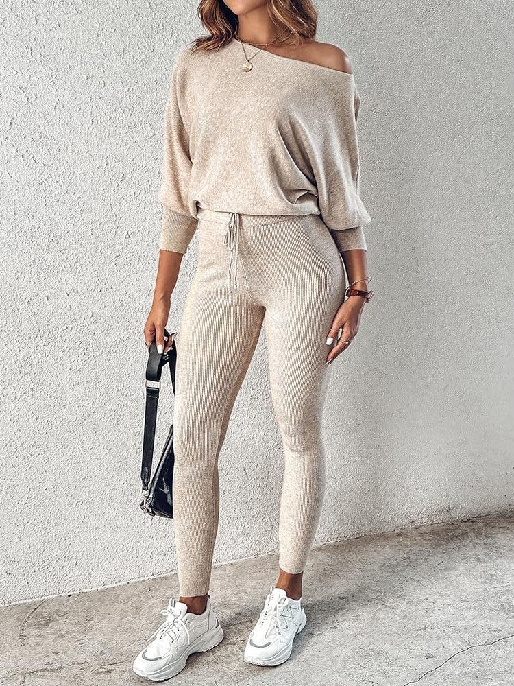 Women's Knitted Batwing Sleeve Sweater Tops Drawstring Pants 2 Piece Set