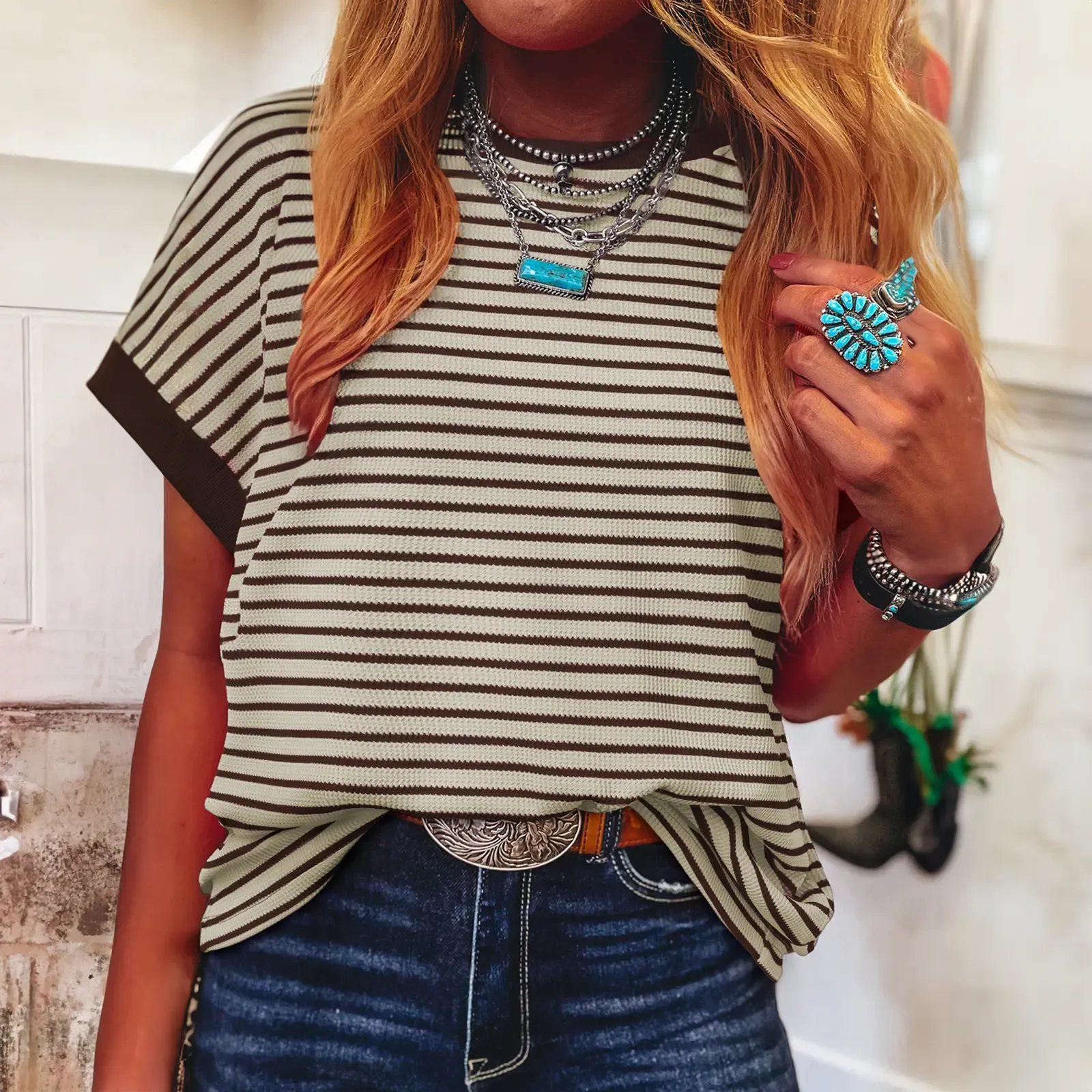 ✨Women's Striped Ribbed Knitted Drop Shoulder Round Neck T-Shirt