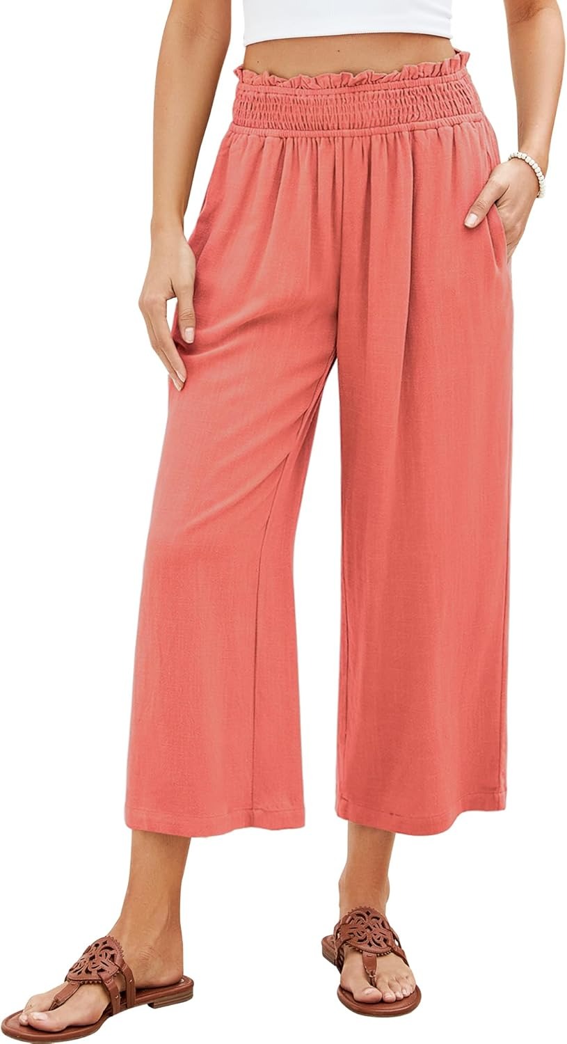 🔥Women's High Waisted Wide Leg Linen Elastic Smock Waist Capri Pants