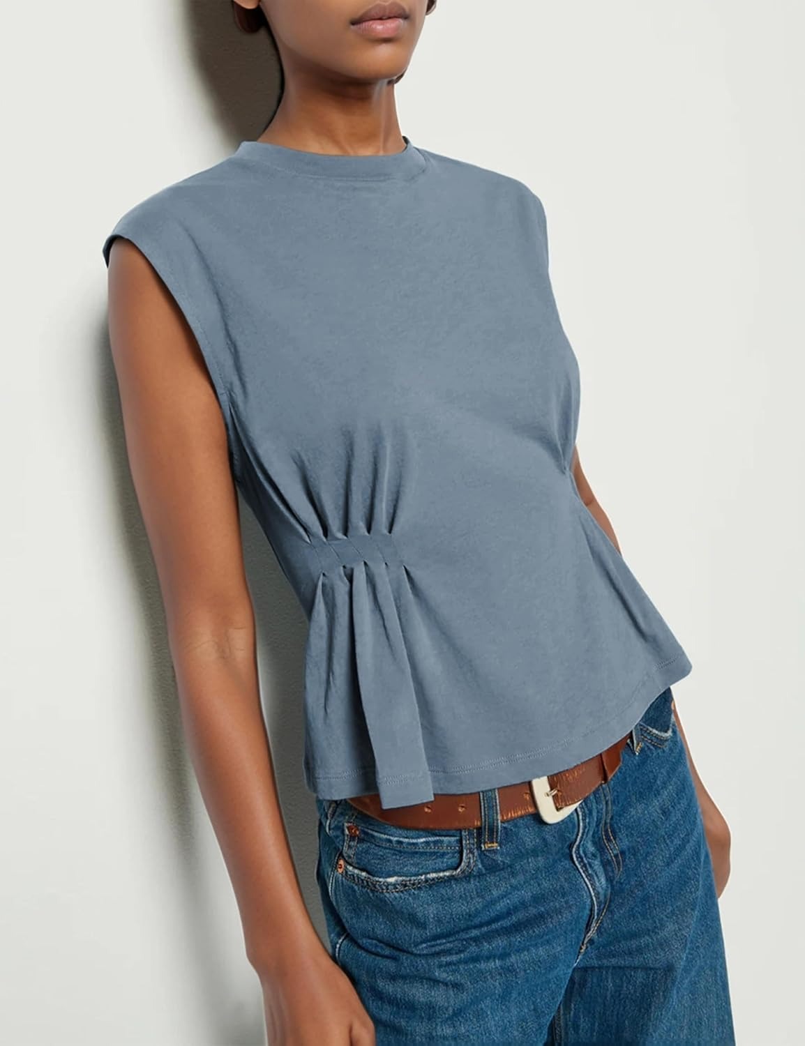 Women's Casual Cap Sleeve Dressy Pleated Tops Tunic Shirt