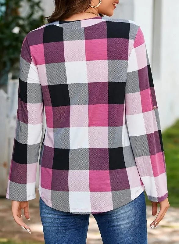 HOT SALE Women's V Neck Plaid Print Cuffed Long Sleeve Shirt