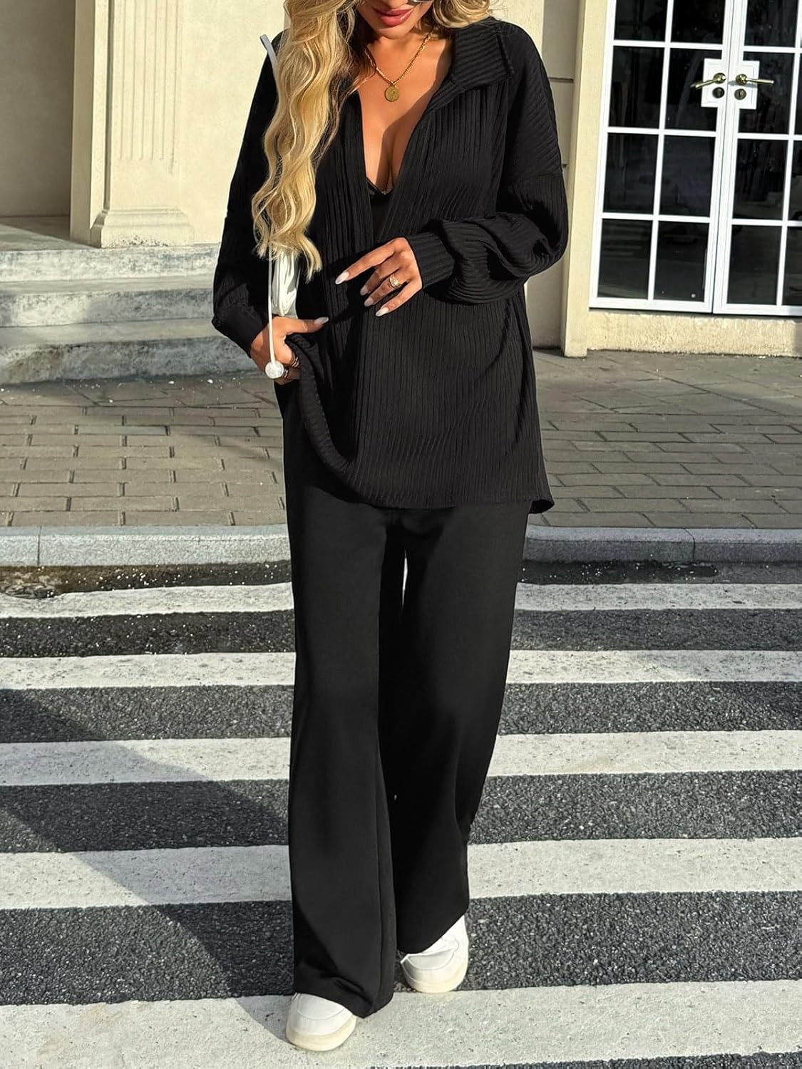 Women's Oversized Deep V Neck Long Sleeve Ribbed Knit Pullover Tops