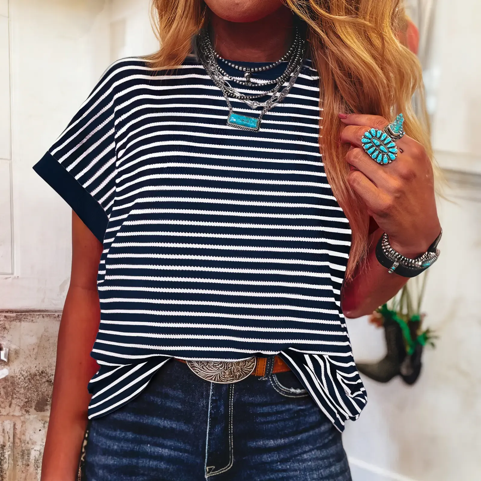 ✨Women's Striped Ribbed Knitted Drop Shoulder Round Neck T-Shirt