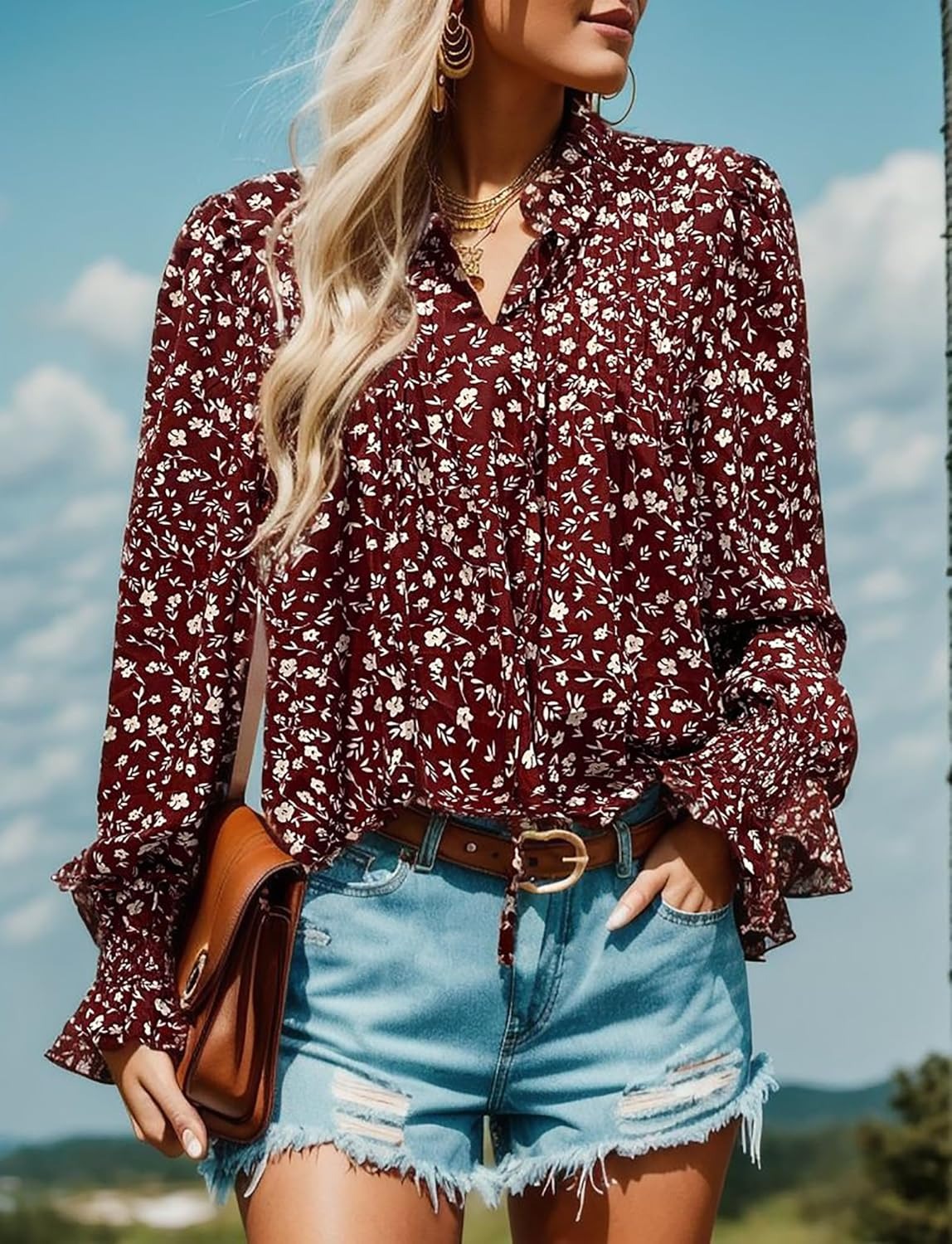 Womens Long Sleeve Tops Boho Floral Printed Blouses Pleated Drawstring  Shirts