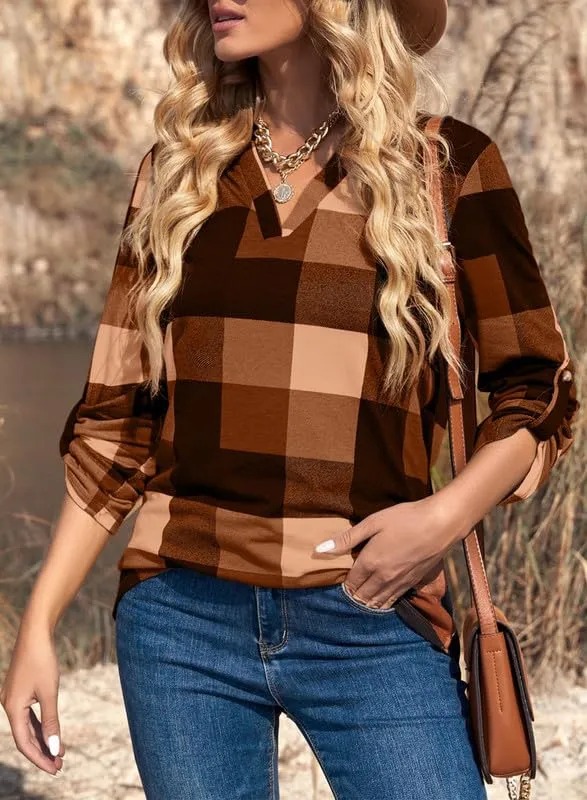 HOT SALE Women's V Neck Plaid Print Cuffed Long Sleeve Shirt