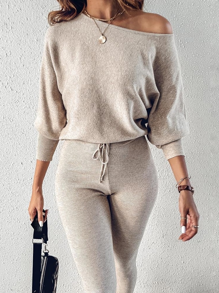 Women's Knitted Batwing Sleeve Sweater Tops Drawstring Pants 2 Piece Set