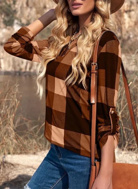 HOT SALE Women's V Neck Plaid Print Cuffed Long Sleeve Shirt