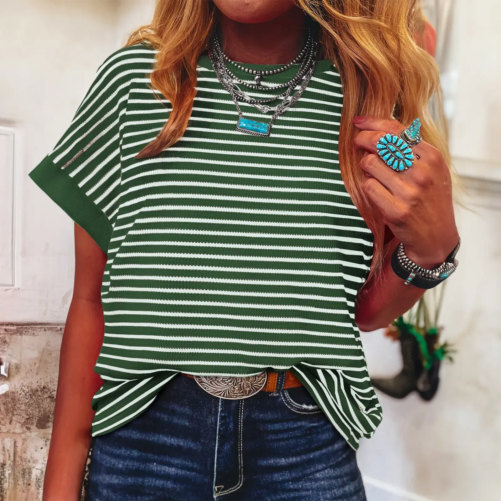 ✨Women's Striped Ribbed Knitted Drop Shoulder Round Neck T-Shirt