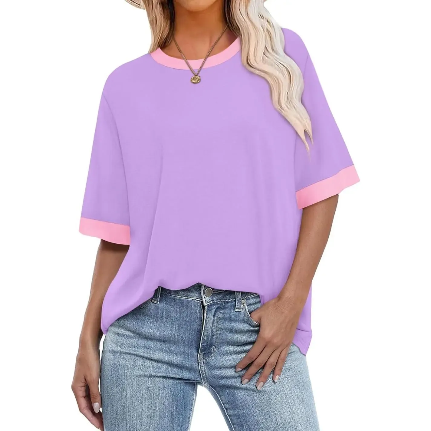 ✨Women's Color Blocking Short Sleeve Dressy Oversized Crew Neck T-shirts