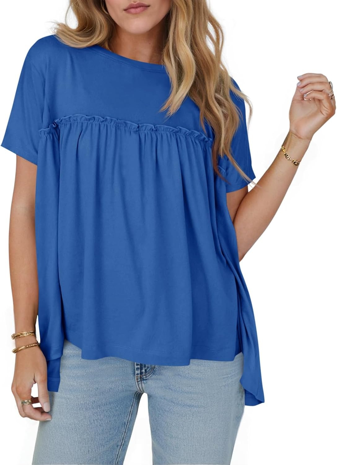 🔥Women's Pleated Short Sleeve Crew Neck Peplum Loose Fit Babydoll