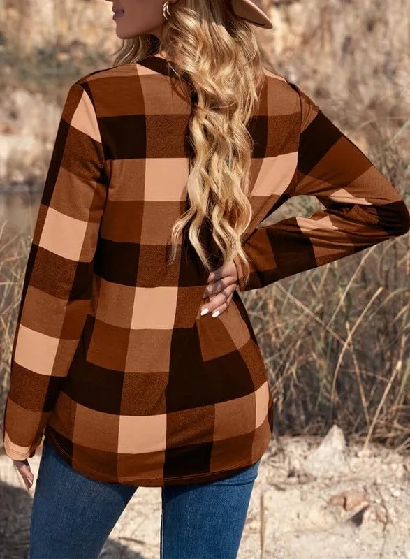 HOT SALE Women's V Neck Plaid Print Cuffed Long Sleeve Shirt
