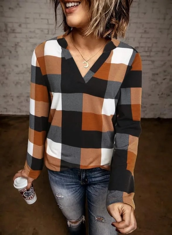 HOT SALE Women's V Neck Plaid Print Cuffed Long Sleeve Shirt
