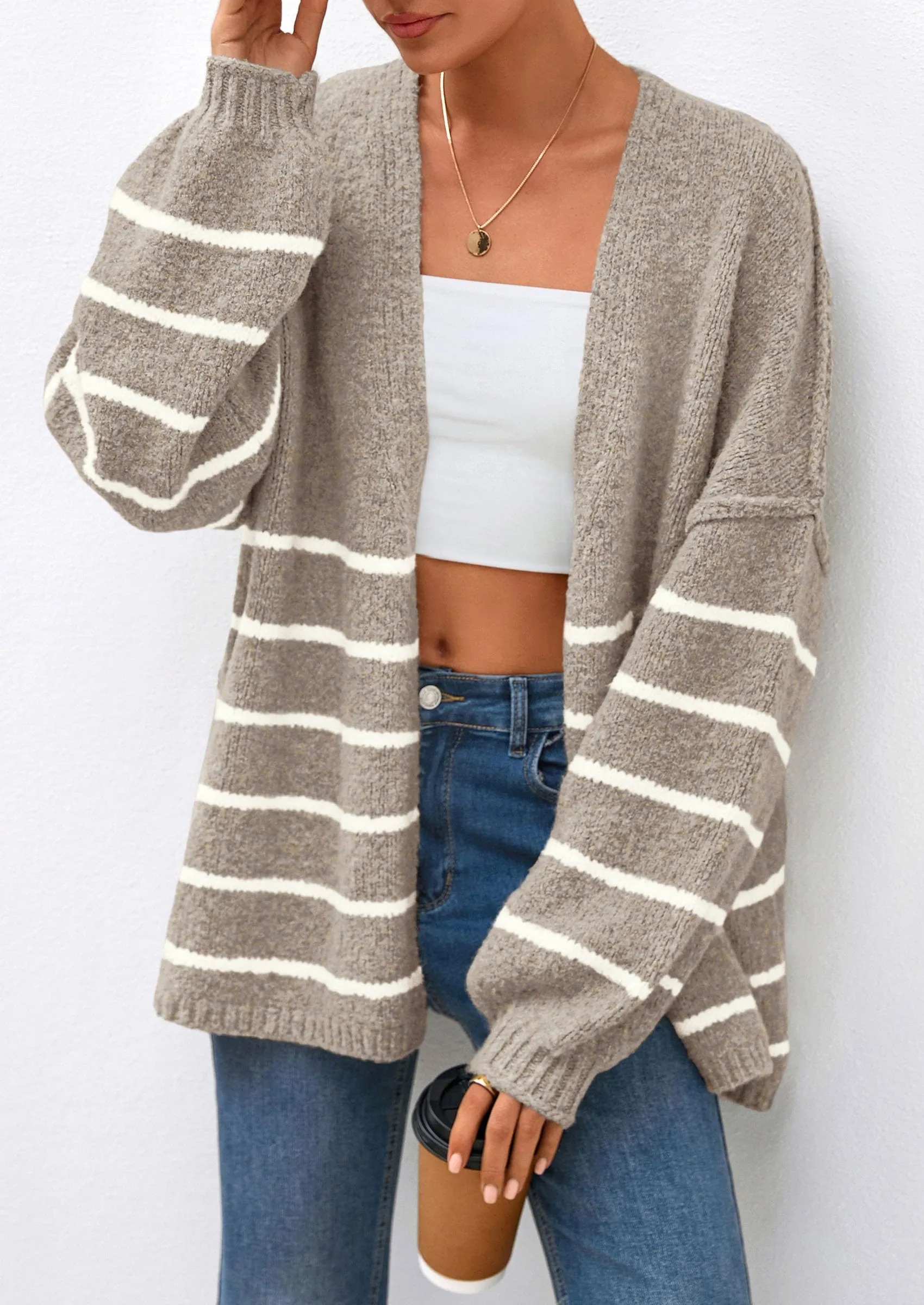 HOT SALE Women's Oversized Balloon Sleeve Striped Cardigan Sweater