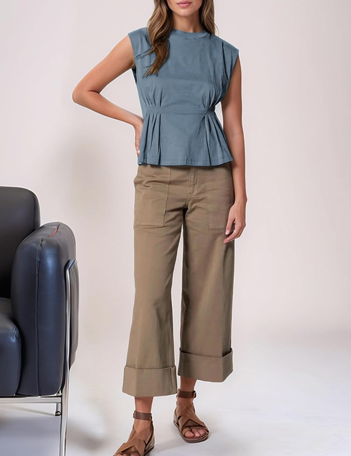 Women's Casual Cap Sleeve Dressy Pleated Tops Tunic Shirt