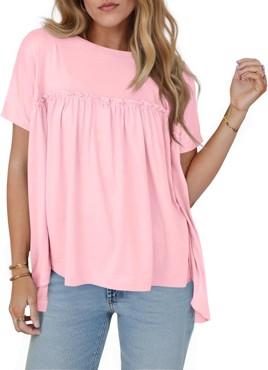 🔥Women's Pleated Short Sleeve Crew Neck Peplum Loose Fit Babydoll