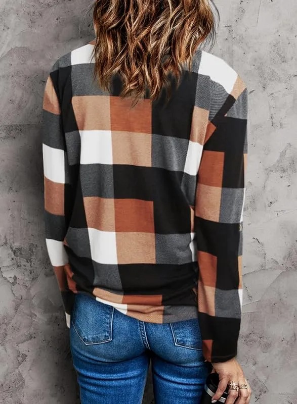 HOT SALE Women's V Neck Plaid Print Cuffed Long Sleeve Shirt