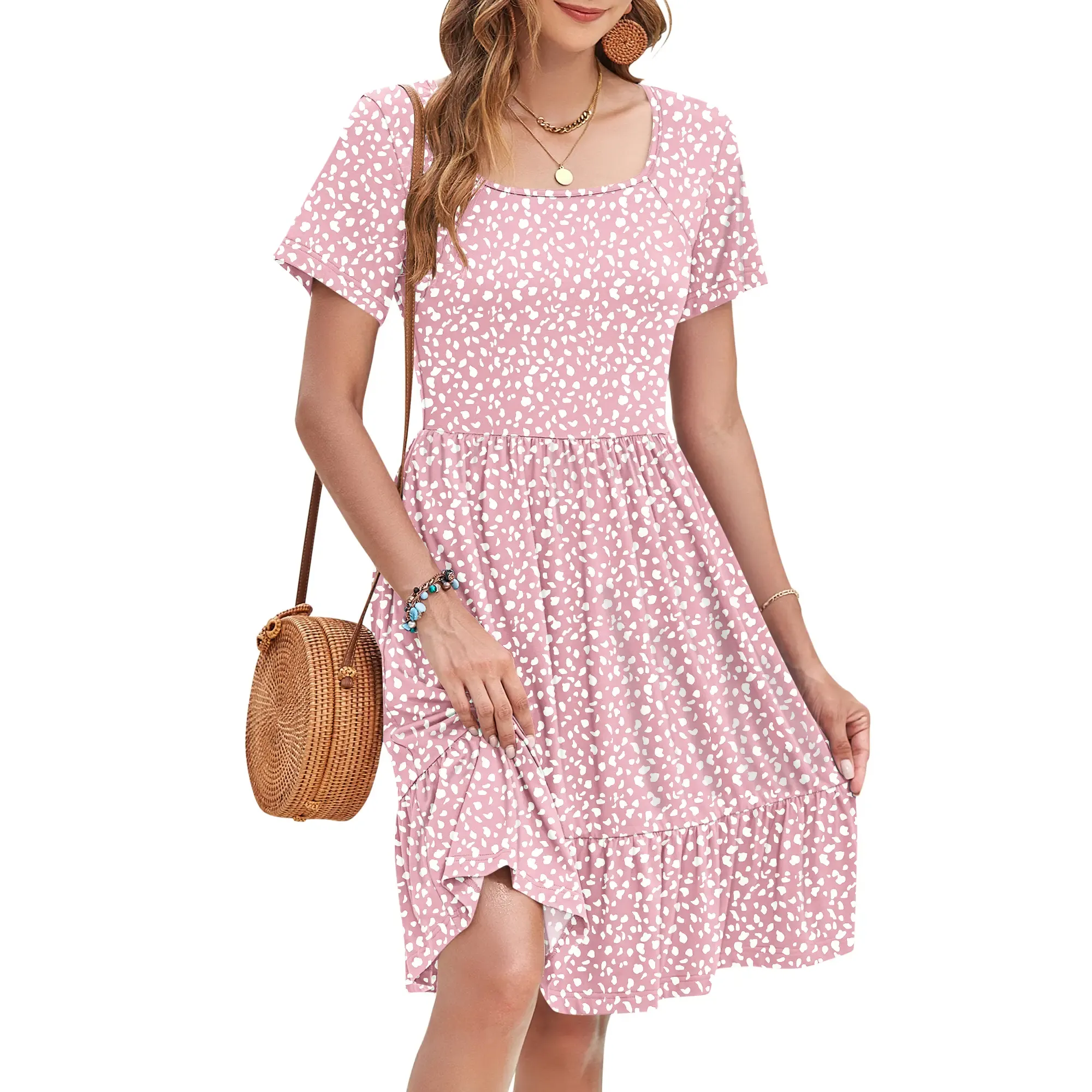 ✨Women's Square Neck Floral Print Short Sleeve Ruffle Empire Waist Sundress with Pockets