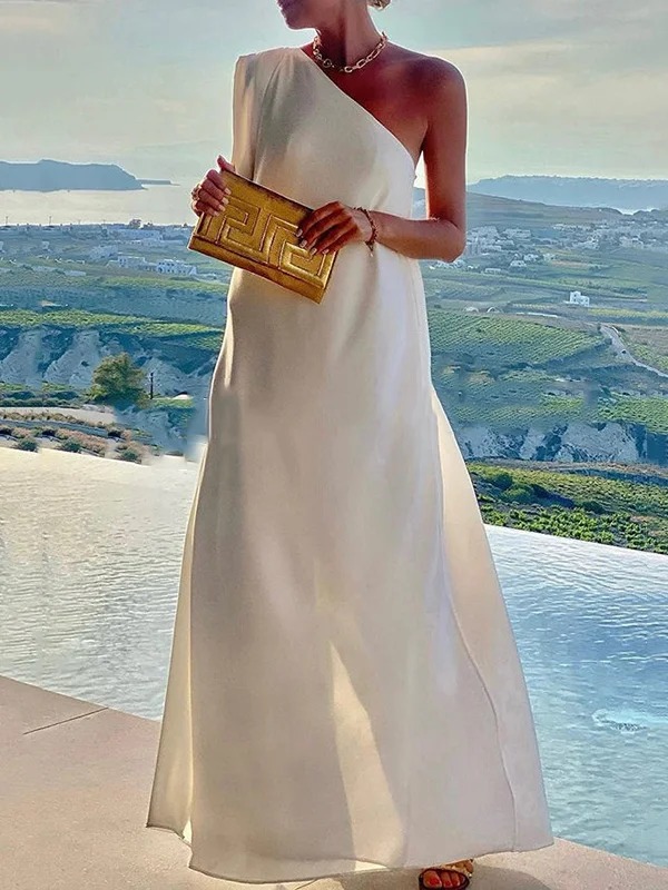 Women's Summer Asymmetric Solid Color Slit One Shoulder Maxi Dress