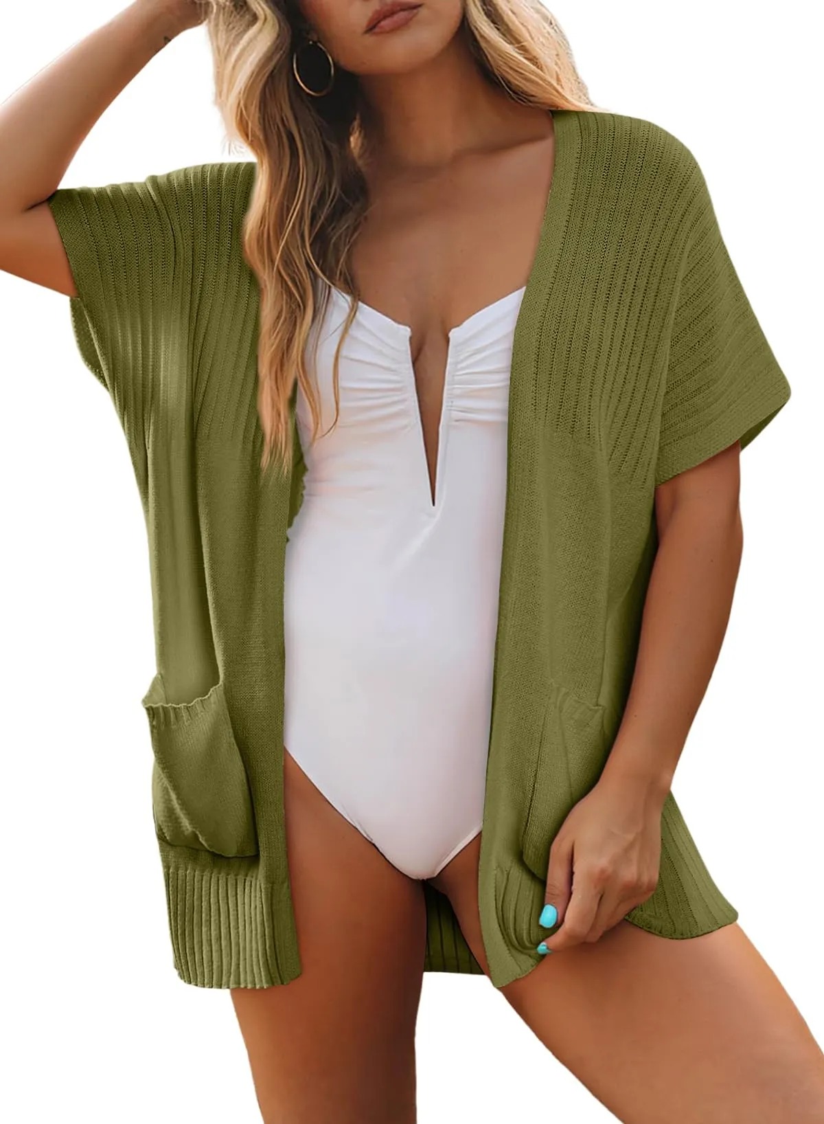 HOT SALE Women's Short Sleeve Pleated Lightweight Open Front Cardigan