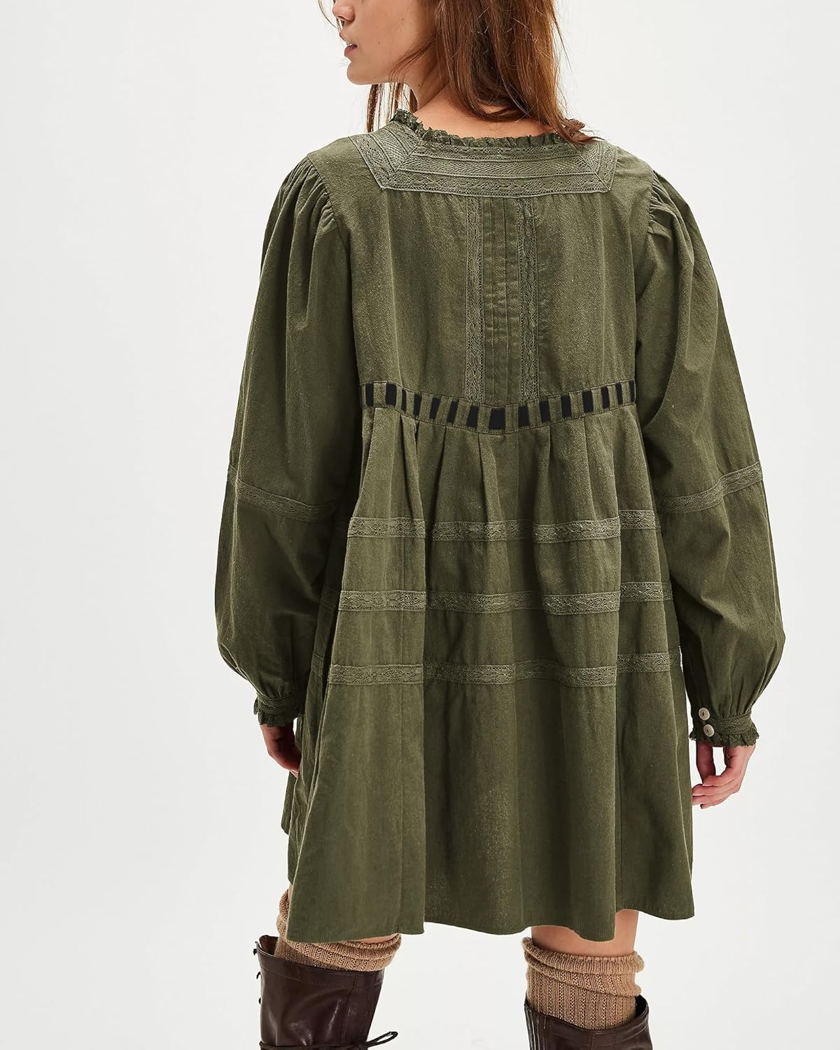 Women's Square Neck Tie Front Long Sleeve Lace Trim Mini Dress