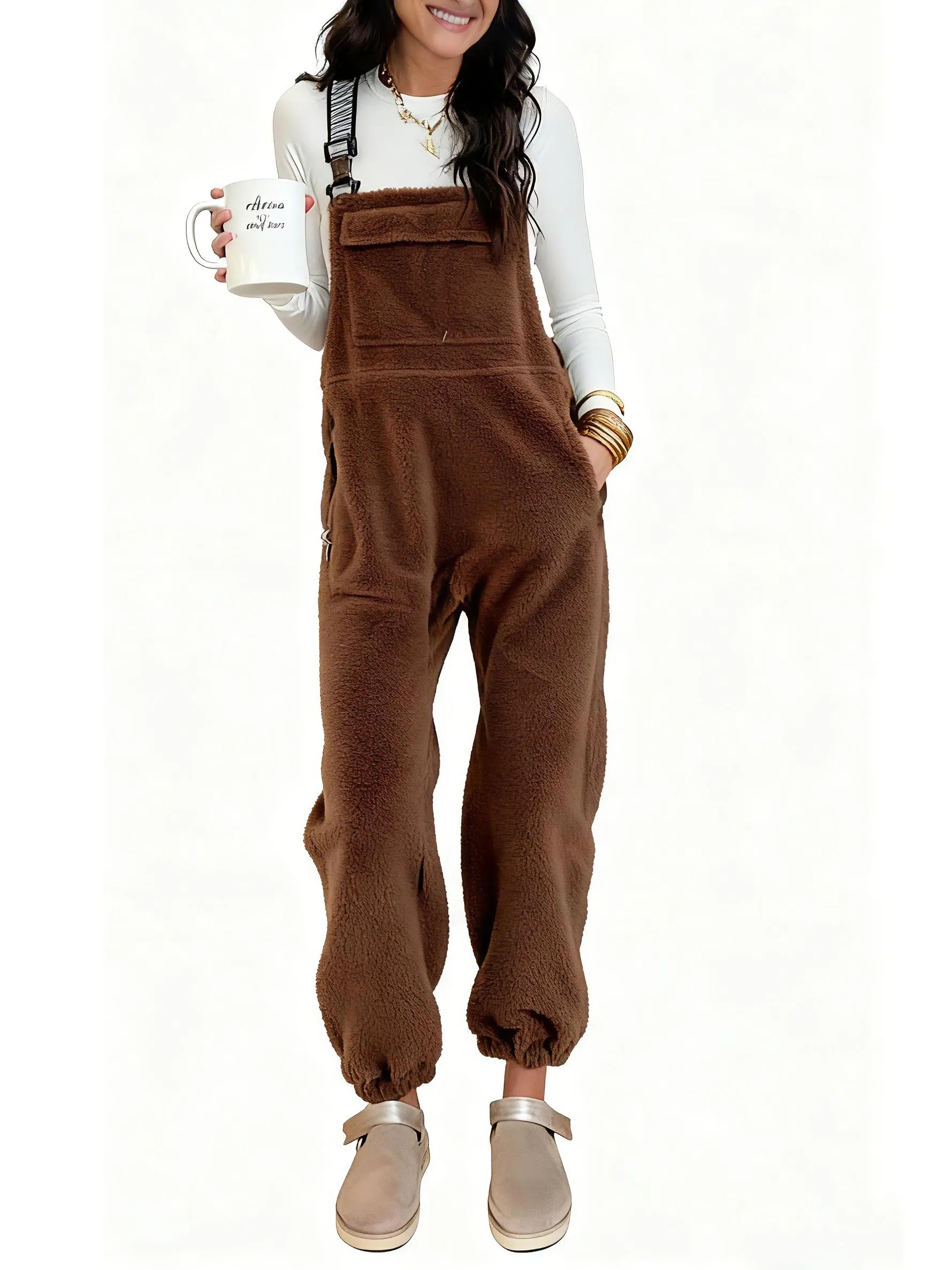 Women's Winter fleece Twill Strap Overalls with Pockets