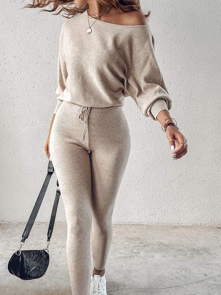 Women's Knitted Batwing Sleeve Sweater Tops Drawstring Pants 2 Piece Set