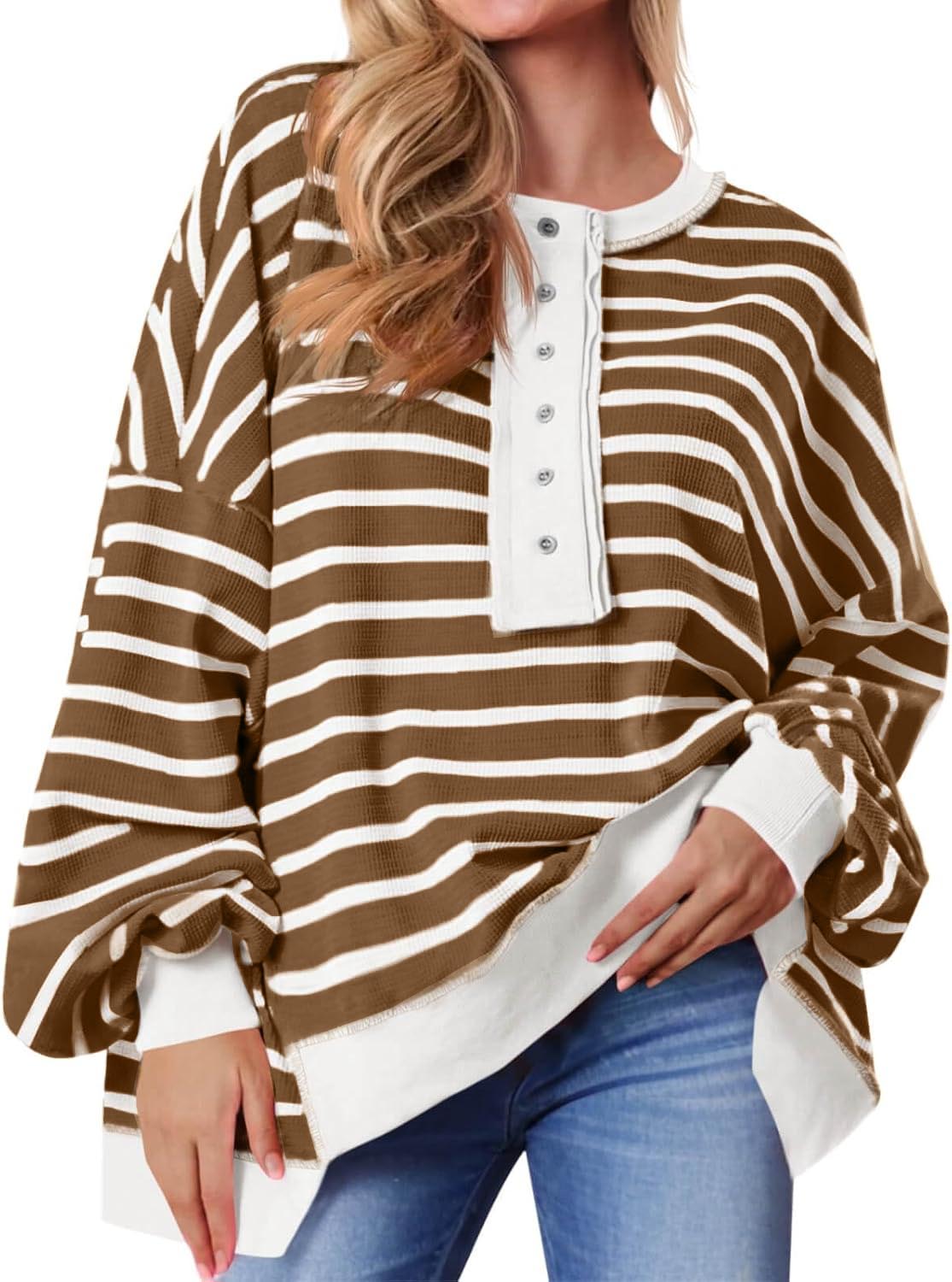 Women's Striped Oversized Sweatshirt Button Up Henley Neck Waffle Knit Pullover