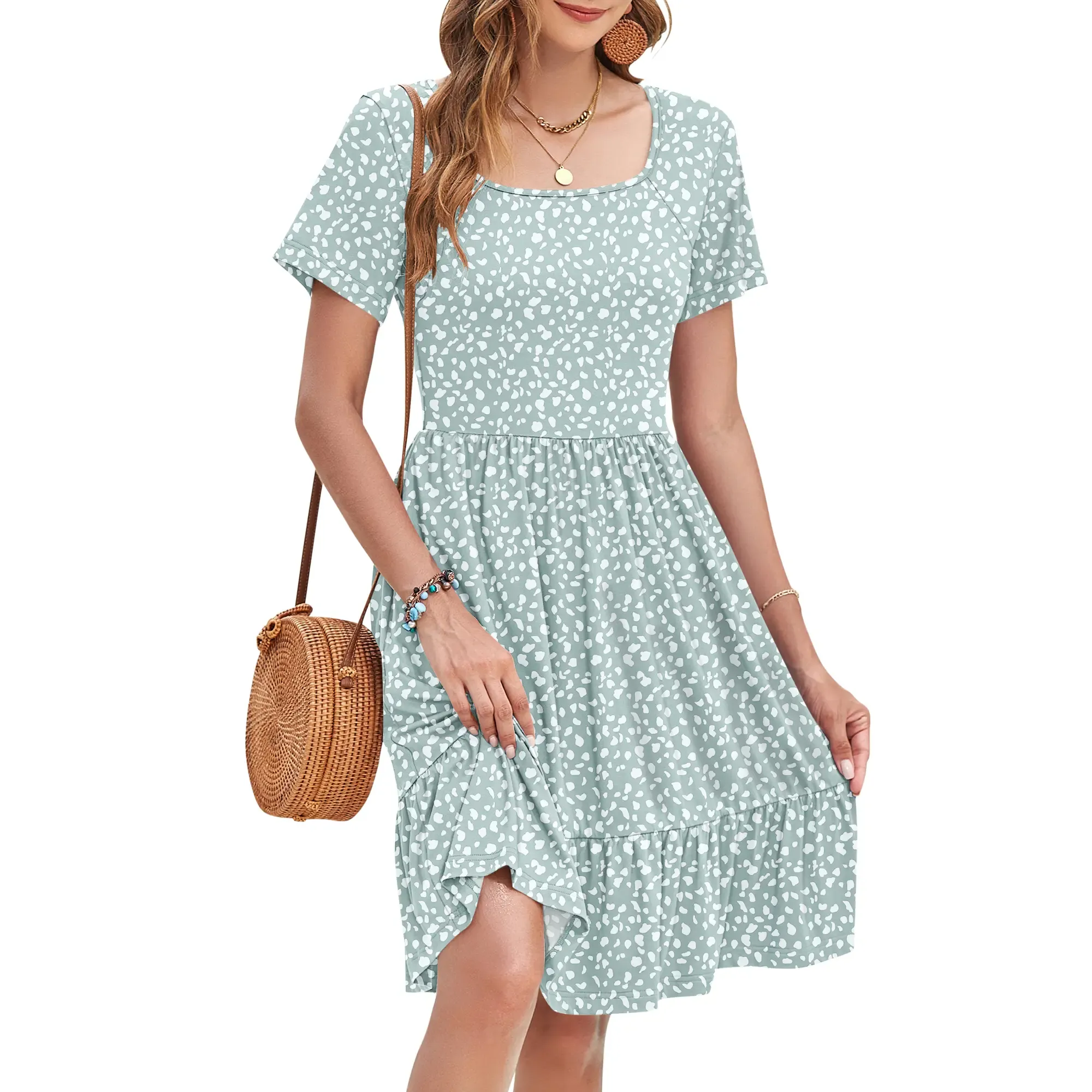 ✨Women's Square Neck Floral Print Short Sleeve Ruffle Empire Waist Sundress with Pockets