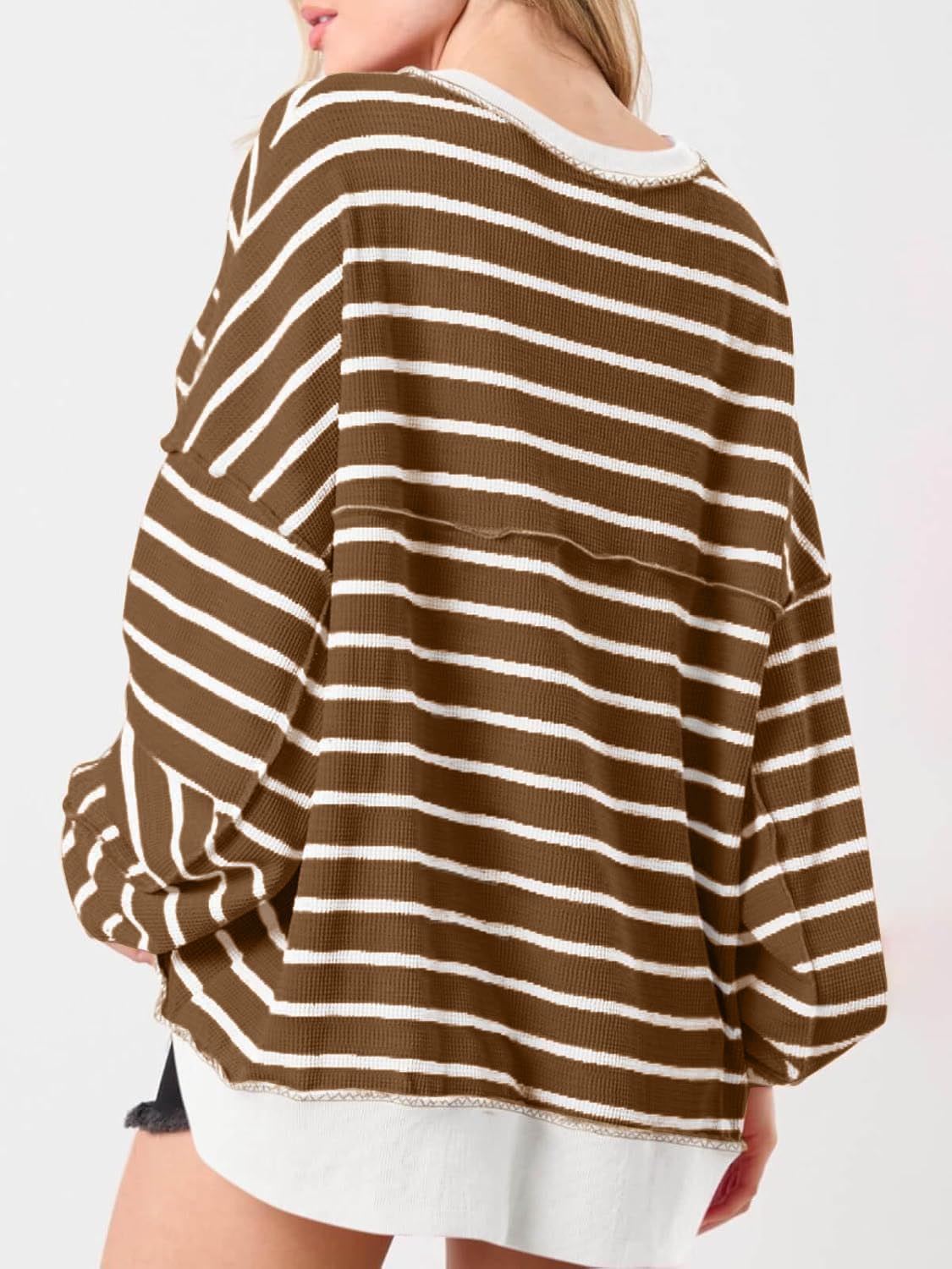 Women's Striped Oversized Sweatshirt Button Up Henley Neck Waffle Knit Pullover
