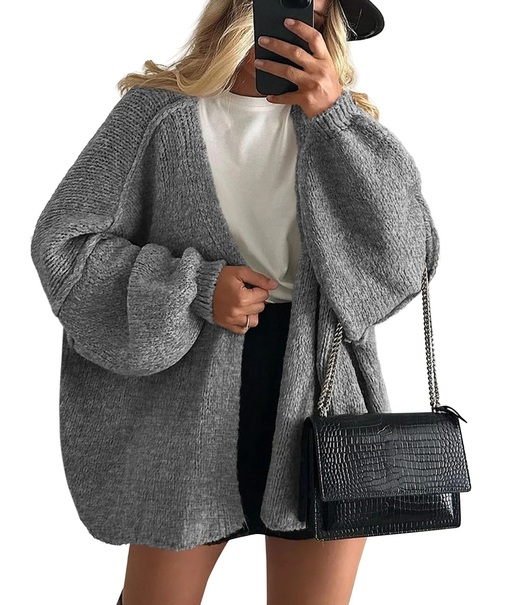 HOT SALE Women's Oversized Cardigan Long Lantern Sleeve Knit Open Front Lightweight Sweater