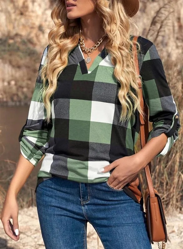 HOT SALE Women's V Neck Plaid Print Cuffed Long Sleeve Shirt