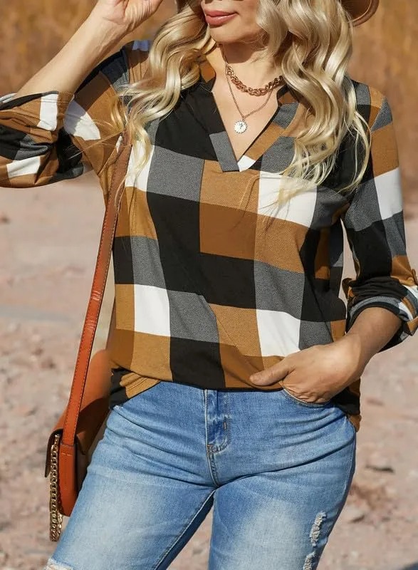 HOT SALE Women's V Neck Plaid Print Cuffed Long Sleeve Shirt