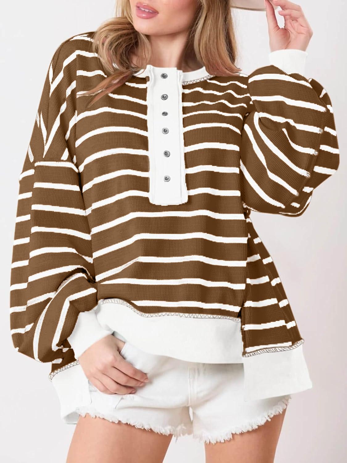 Women's Striped Oversized Sweatshirt Button Up Henley Neck Waffle Knit Pullover