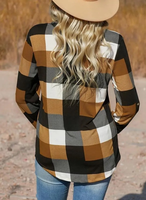 HOT SALE Women's V Neck Plaid Print Cuffed Long Sleeve Shirt