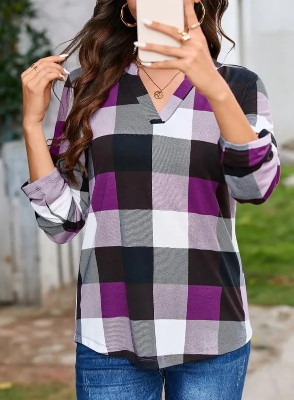 HOT SALE Women's V Neck Plaid Print Cuffed Long Sleeve Shirt