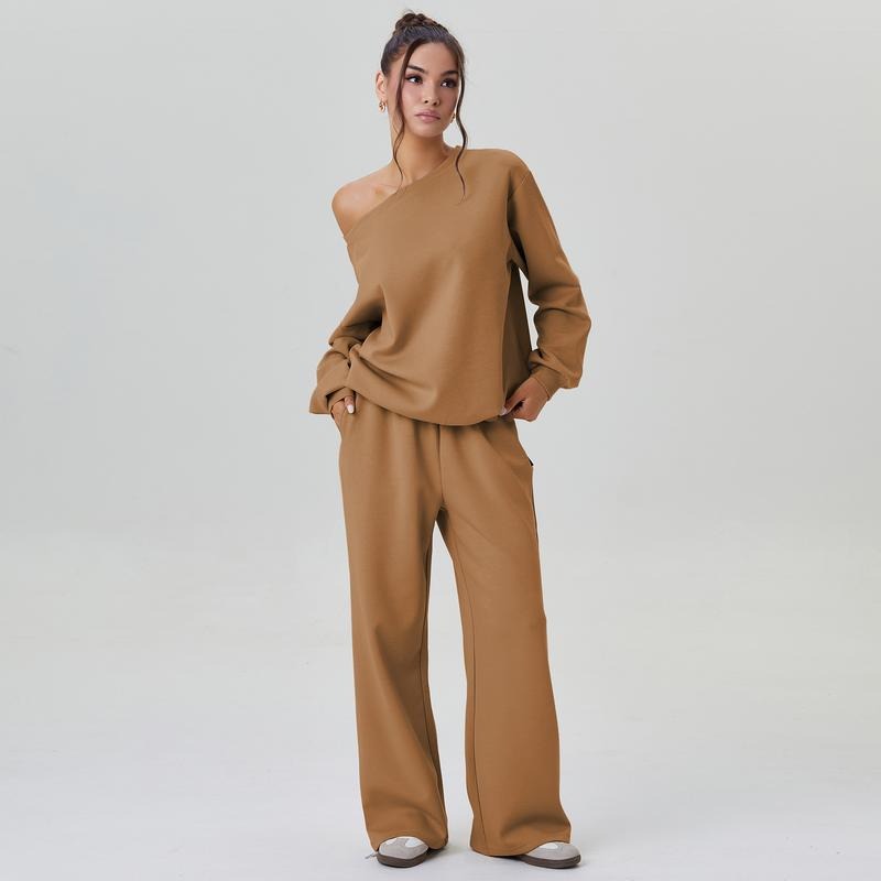 Women's Solid Sloping Shoulder Long Sleeve Top & Wide Leg Trousers Set