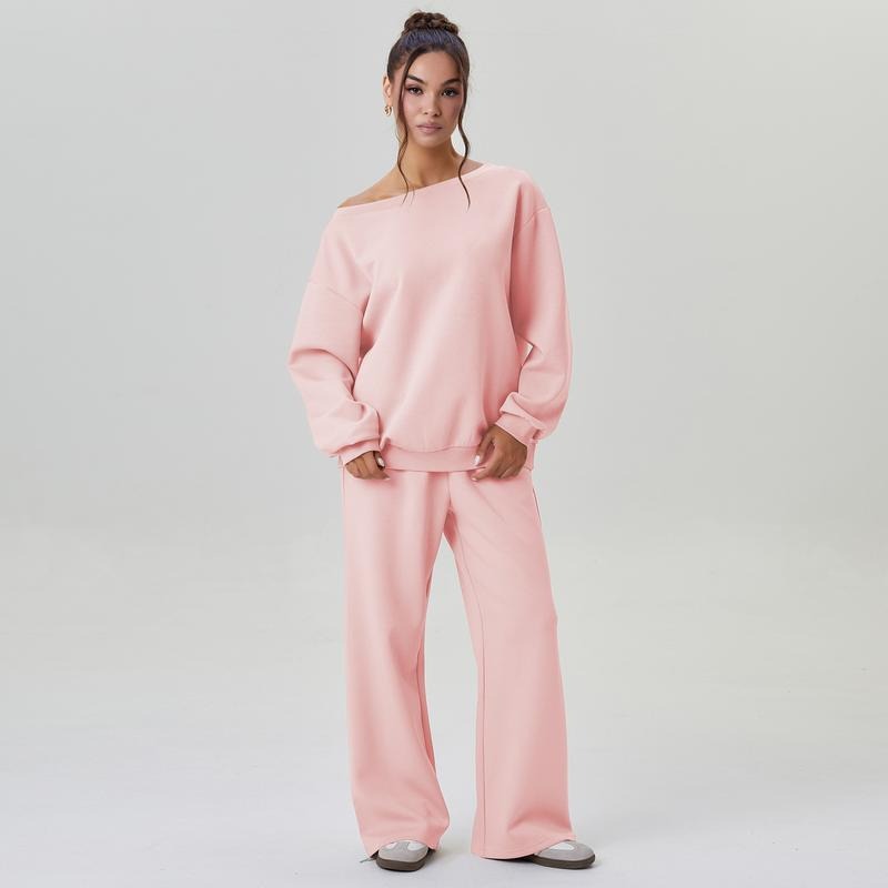 Women's Solid Sloping Shoulder Long Sleeve Top & Wide Leg Trousers Set