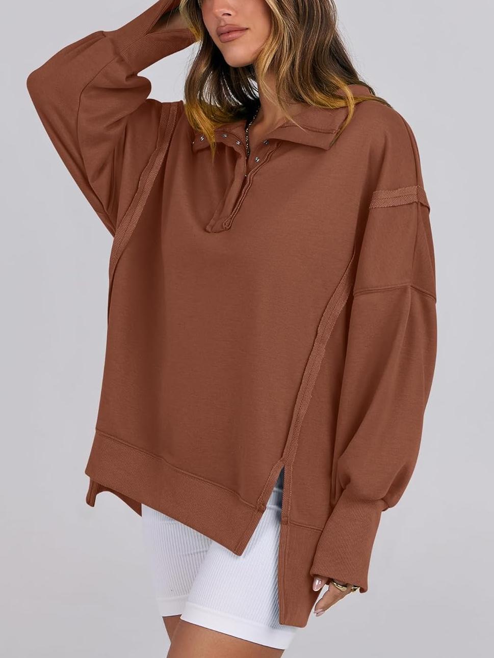 ⏰Hot Sale-Women's Oversized High Low Split Button Up Henley Pullover Top