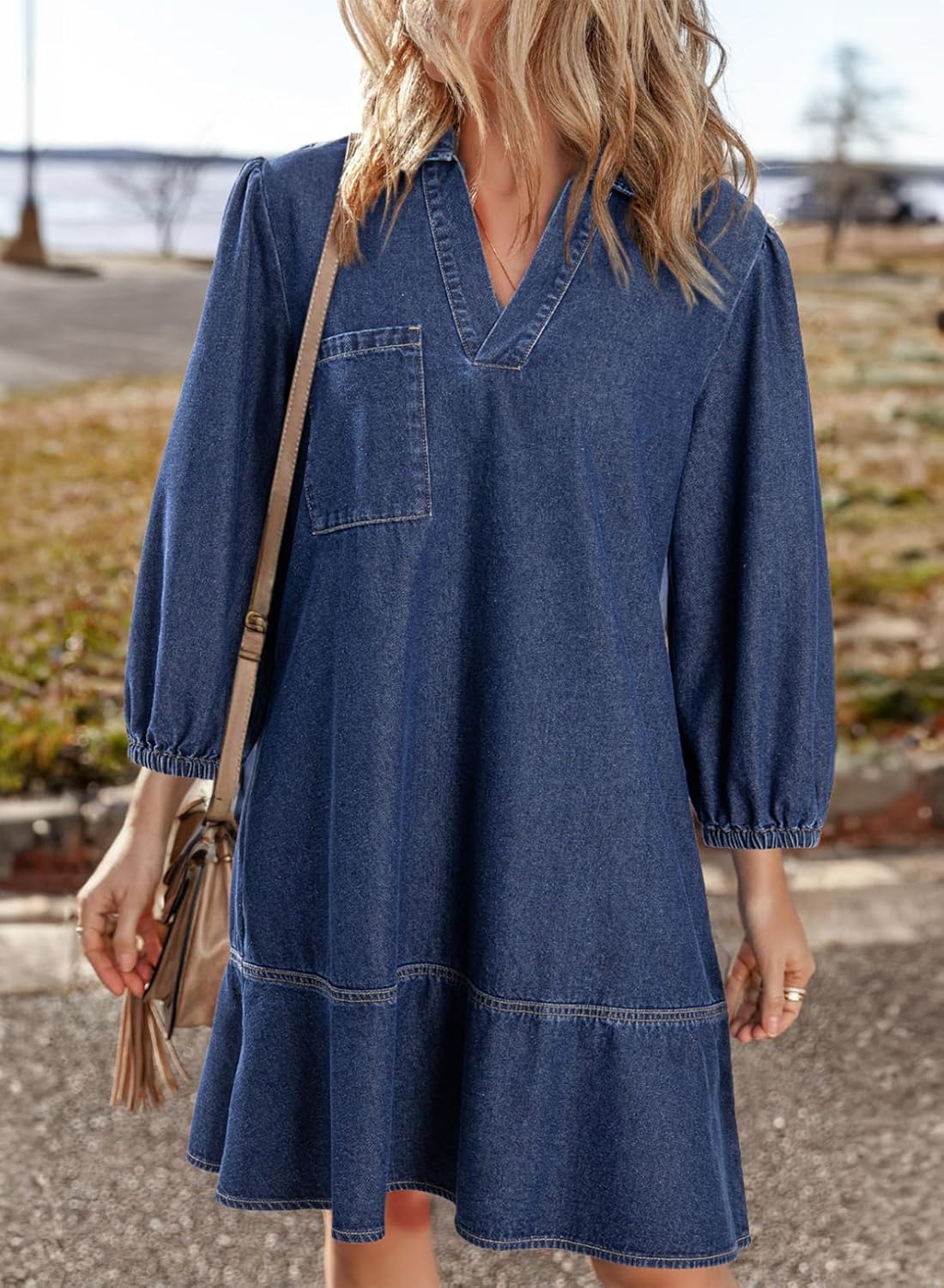 Women's V Neck 3/4 Puff Sleeve Denim Casual Dress