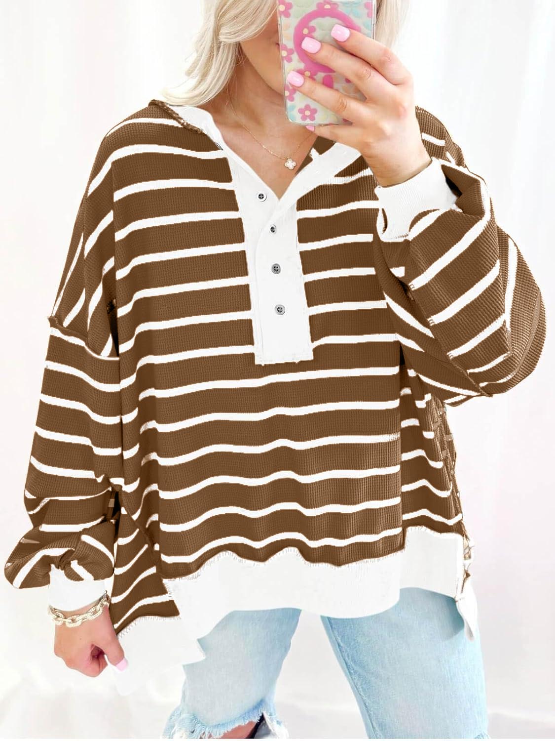 Women's Striped Oversized Sweatshirt Button Up Henley Neck Waffle Knit Pullover