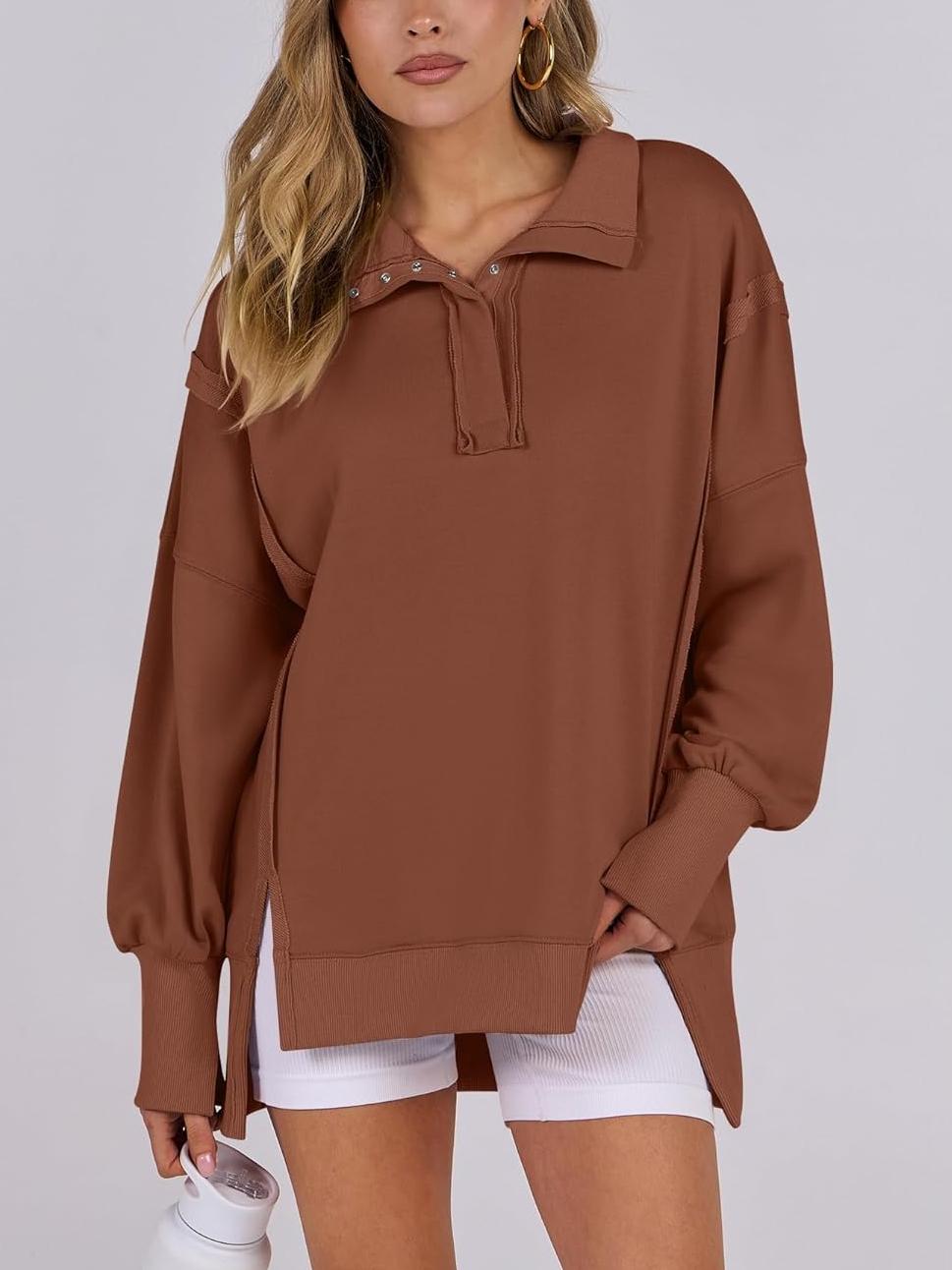 ⏰Hot Sale-Women's Oversized High Low Split Button Up Henley Pullover Top
