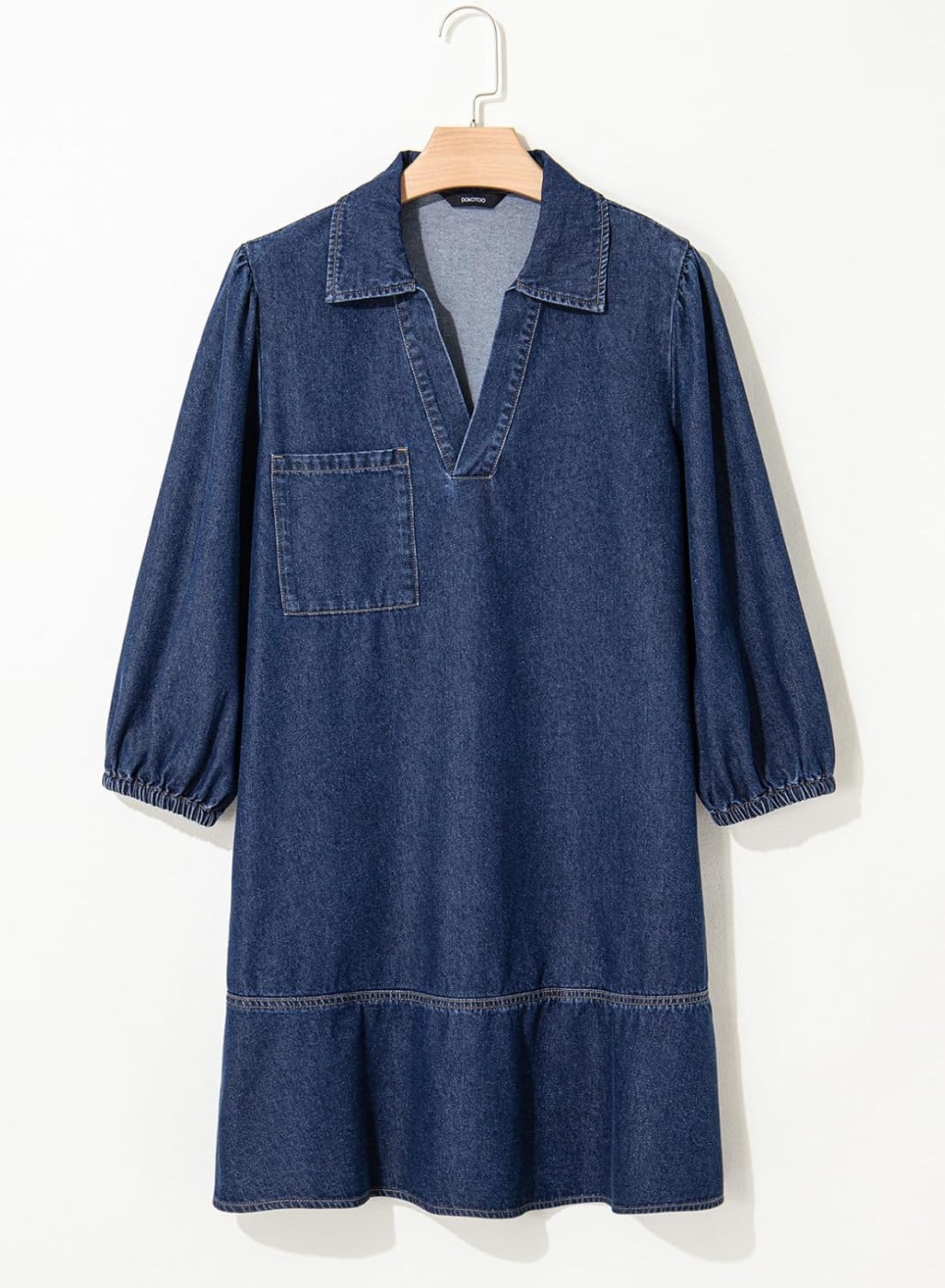 Women's V Neck 3/4 Puff Sleeve Denim Casual Dress