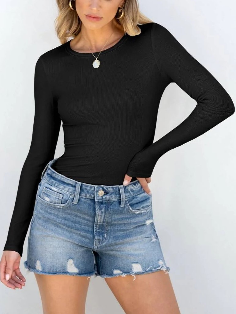 HOT SALE Women's Long Sleeve Stretch Slim Round Neck Ribbed Basic Shirts