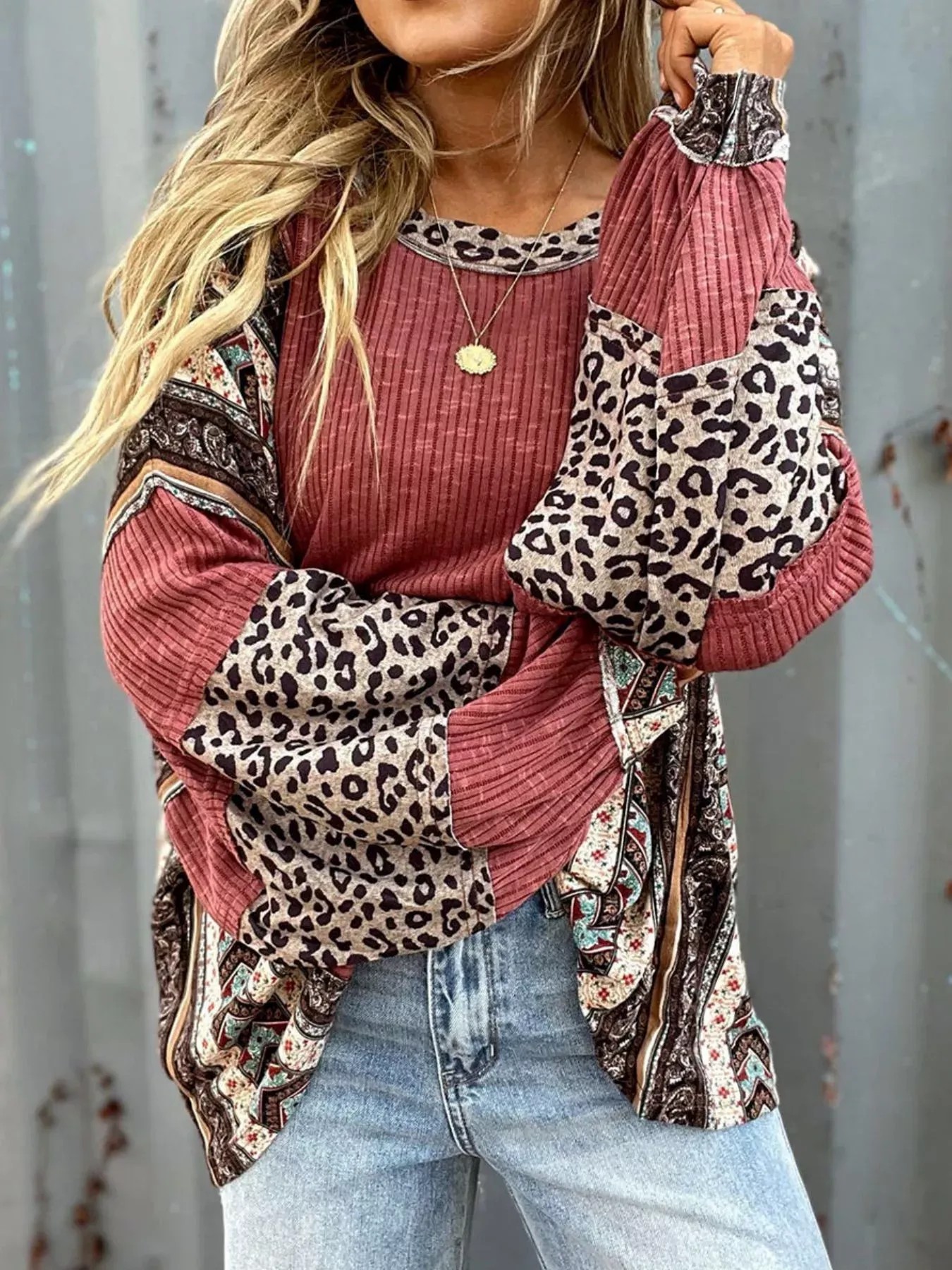 Women's Boho Leopard Patchwork Ribbed Long Sleeve Top