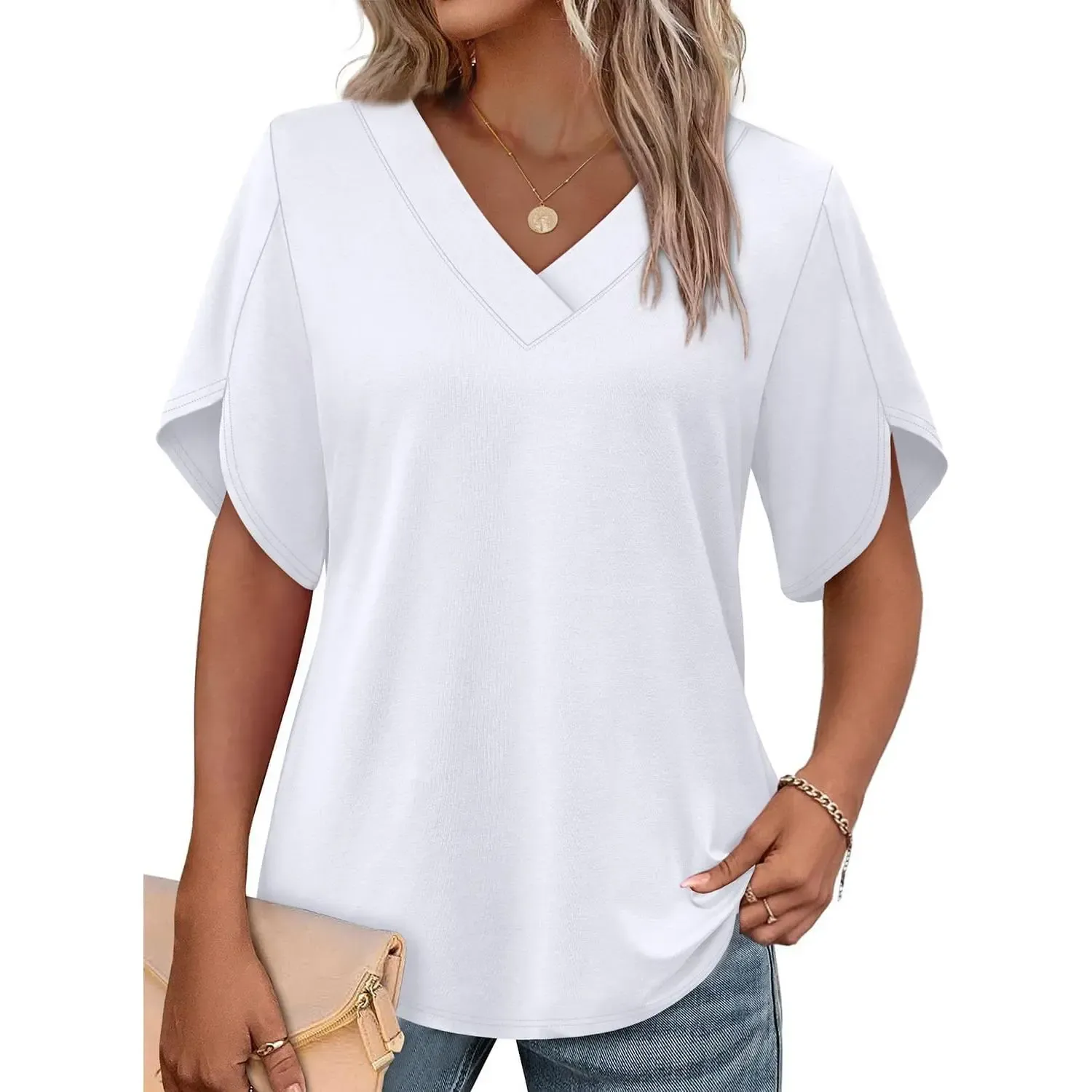 ✨Women's Summer Short Petal Sleeve Fashion V Neck Outfits Tops