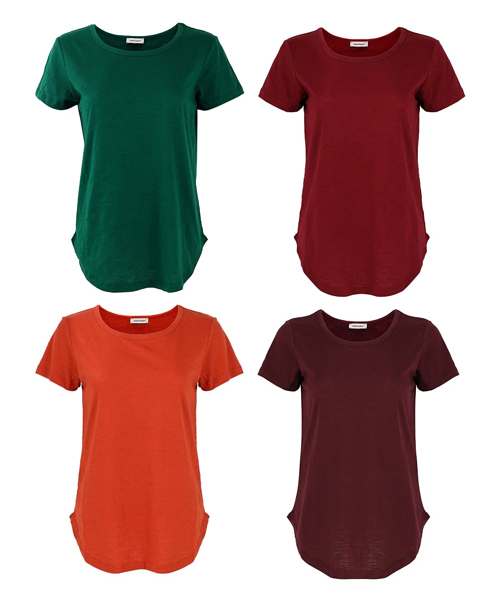 4 Pack Women's Loose V-Neck Curved Hem Tee Top