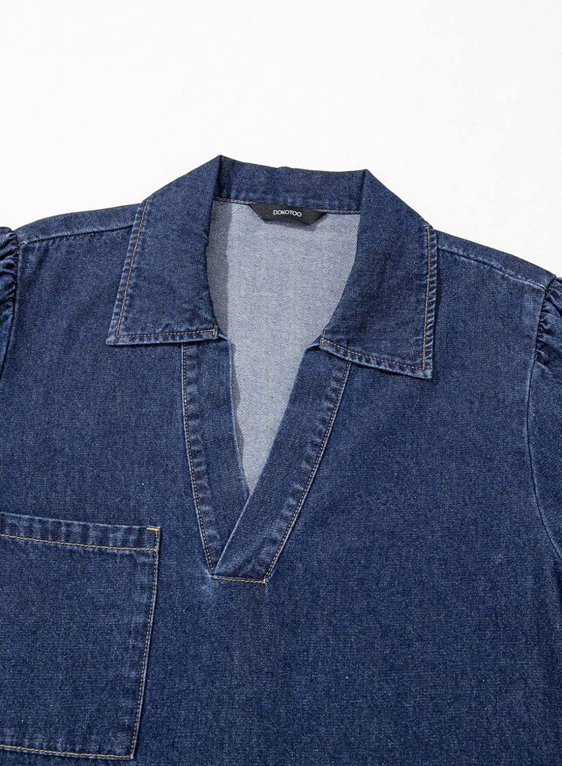 Women's V Neck 3/4 Puff Sleeve Denim Casual Dress